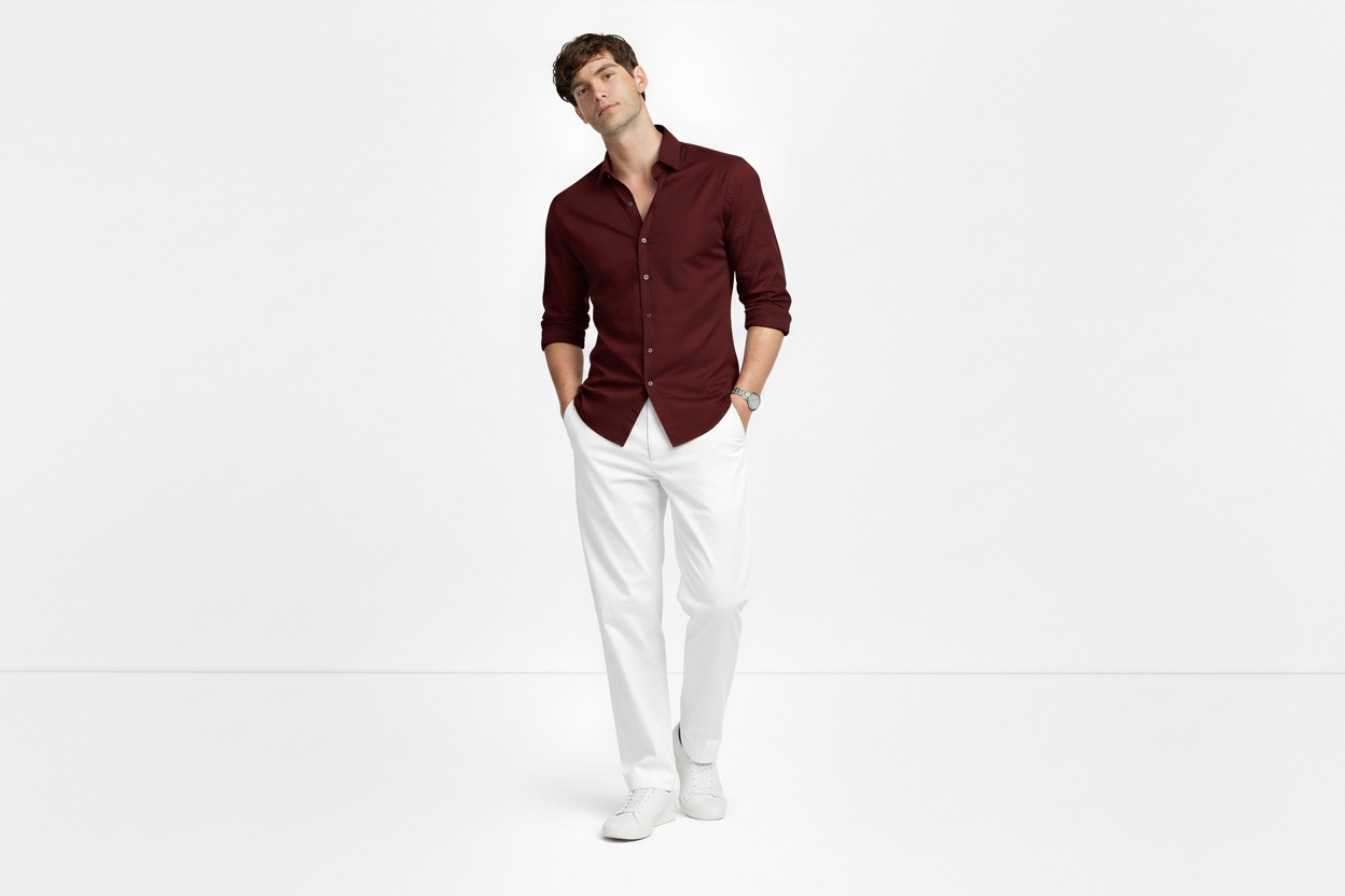 Maroon Shirt & White Trouser Set