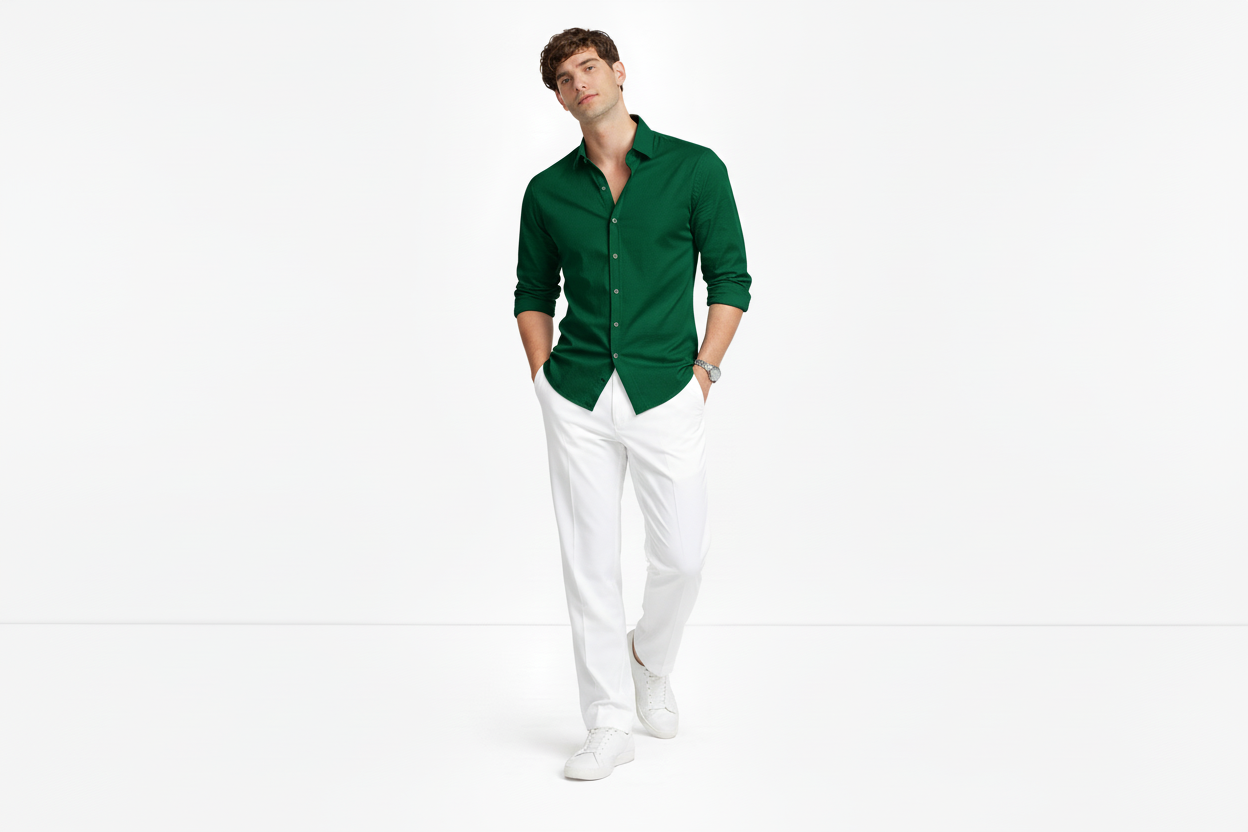 Dark Green Shirt & White Trouser Set