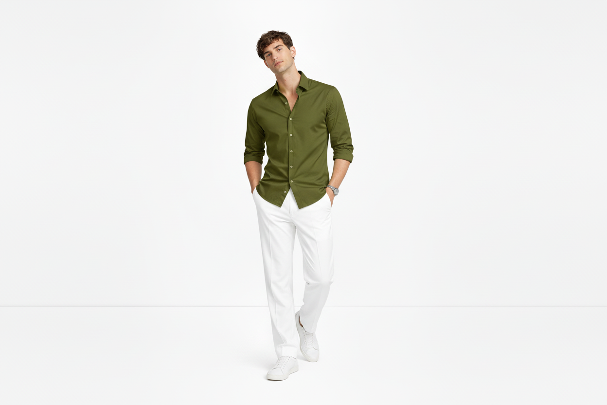 Olive Shirt & White Trouser Set