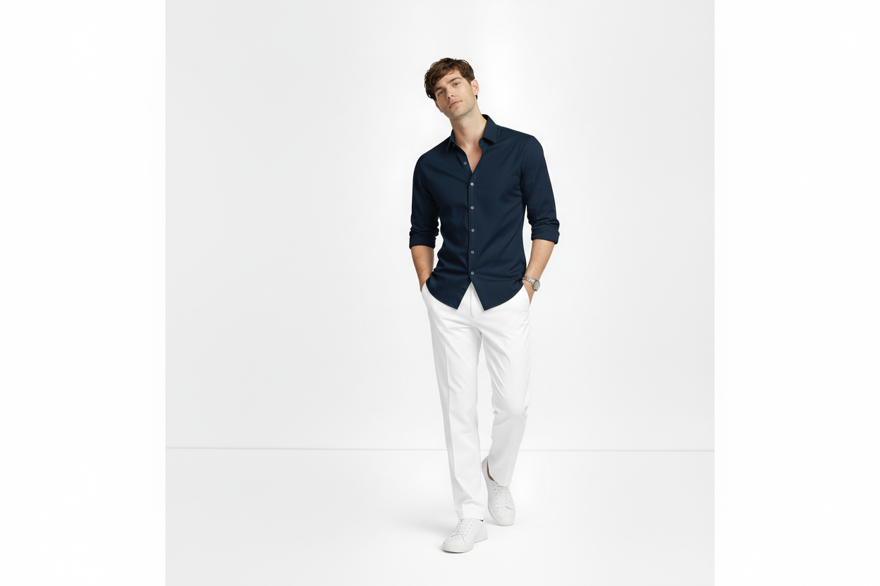 Navy Blue Shirt & White Trouser Set