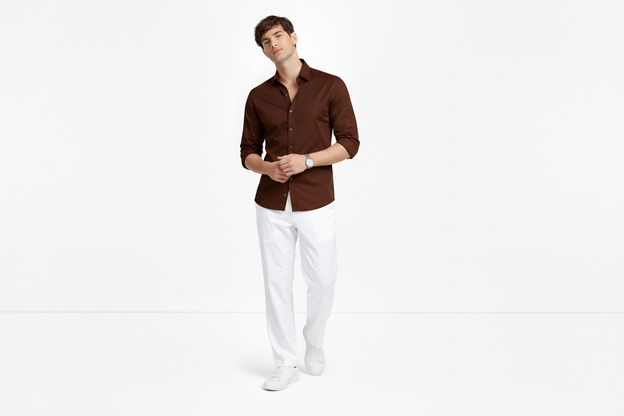 Brown Shirt & White Trouser Set